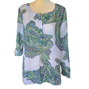 Liz‎ Claiborne Paisley Print Blouse Long Sleeve Shirt Green Blue Large